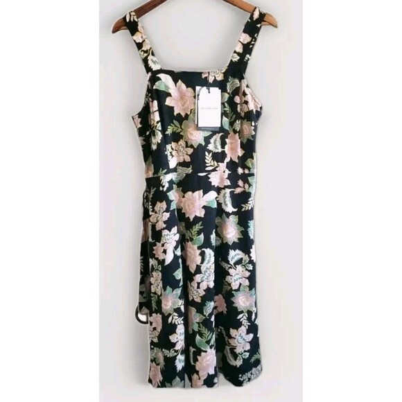 Who What Wear Linen Dress Womens Medium Black Pink Floral Square Neck NWT - Picture 1 of 8